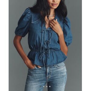 Mare Mare Puff-Sleeve Peplum Denim Top XS NWT Anthropologie